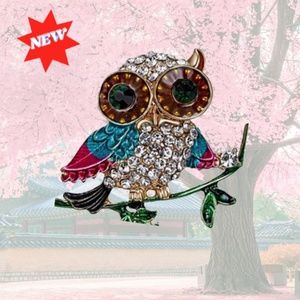 Crystal Multicolor Enamel Owl Brooch Sitting On a Branch - New With Tags